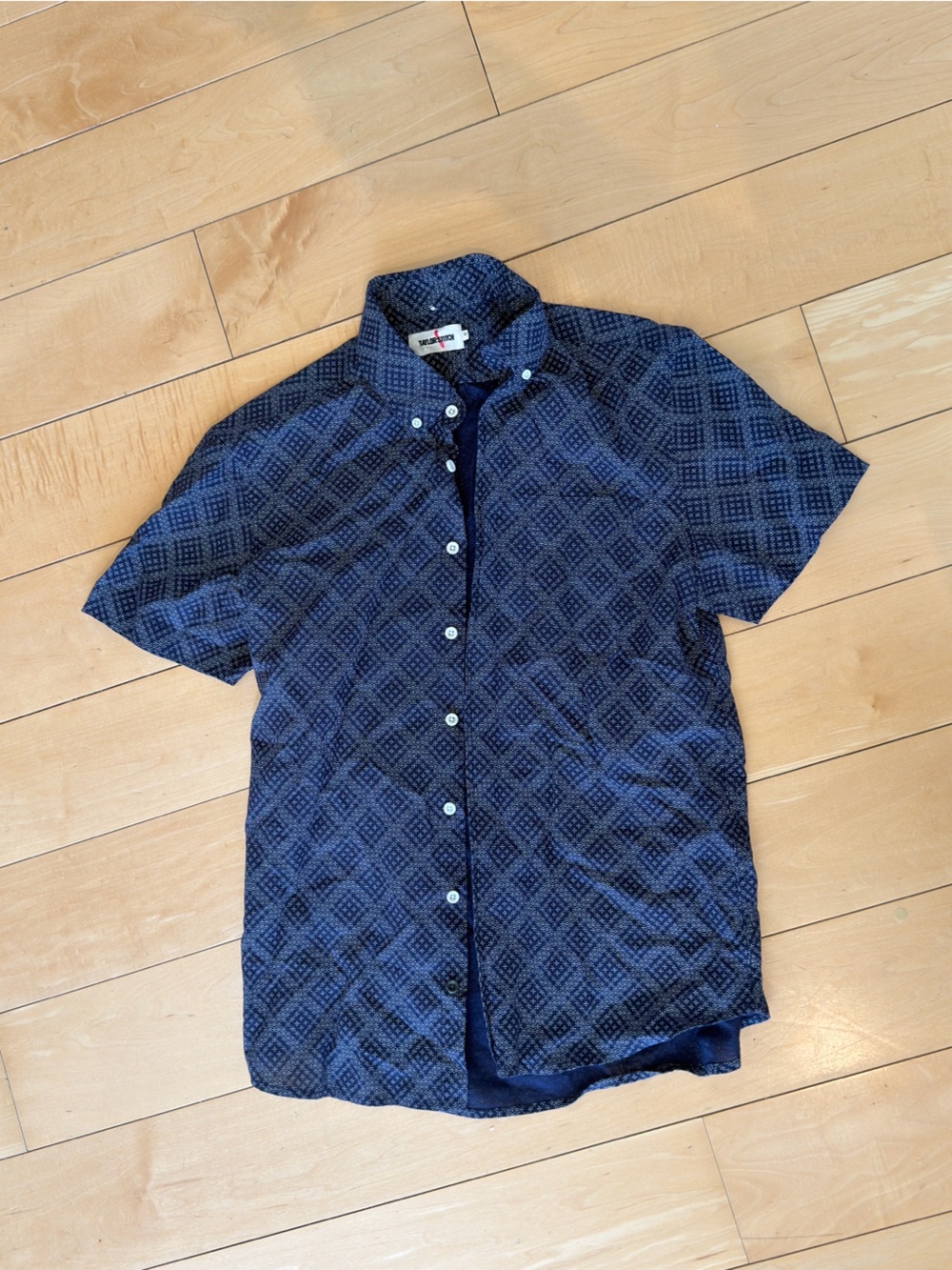 Taylor Stitch Navy Blue Patterned Short Sleeve Button-Down Shirt